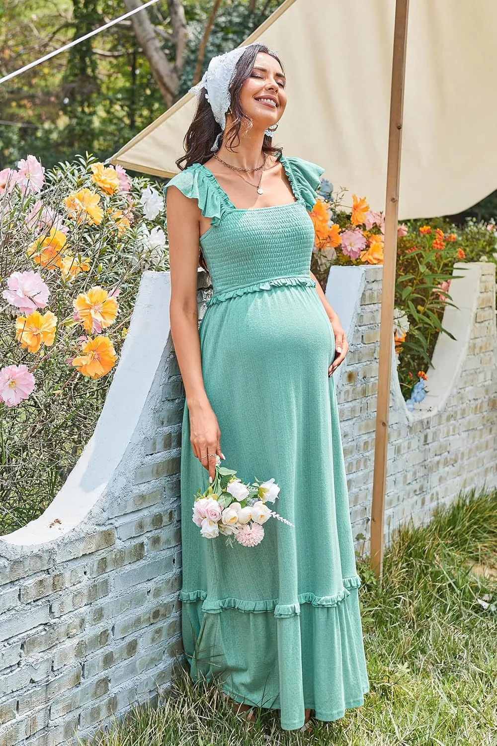 OUGES Womens 2025 Summer Maternity Photoshoot Dress Boho Maxi Smocked Baby Shower Dress Ruffle Sleeve Maternity Clothes