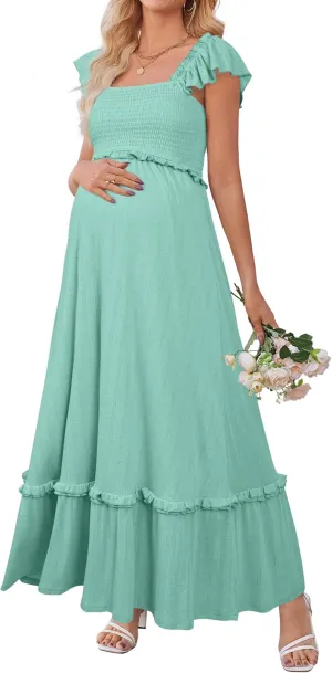 OUGES Womens 2025 Summer Maternity Photoshoot Dress Boho Maxi Smocked Baby Shower Dress Ruffle Sleeve Maternity Clothes