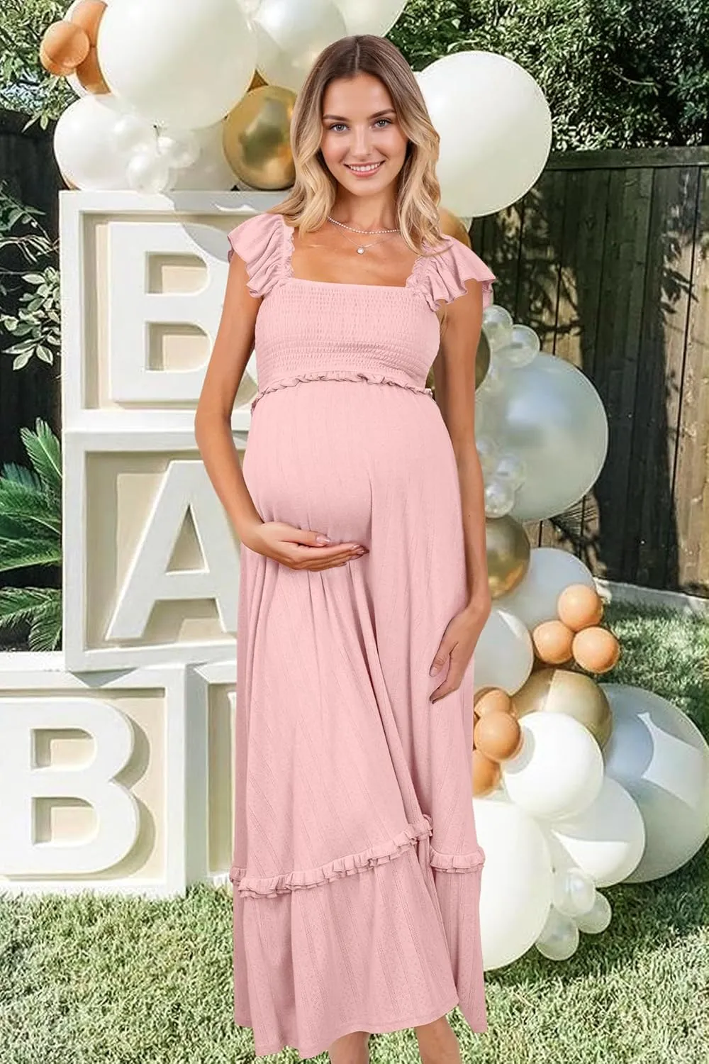 OUGES Womens 2025 Summer Maternity Photoshoot Dress Boho Maxi Smocked Baby Shower Dress Ruffle Sleeve Maternity Clothes