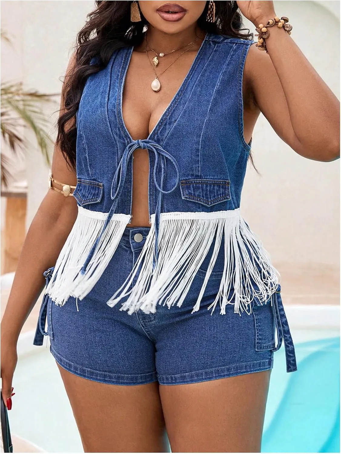 OYOANGLE Women's Plus Size Fringe Trim Tie Front Vest Tank Top Sleeveless Open Front Jean Tops