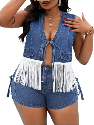 OYOANGLE Women's Plus Size Fringe Trim Tie Front Vest Tank Top Sleeveless Open Front Jean Tops