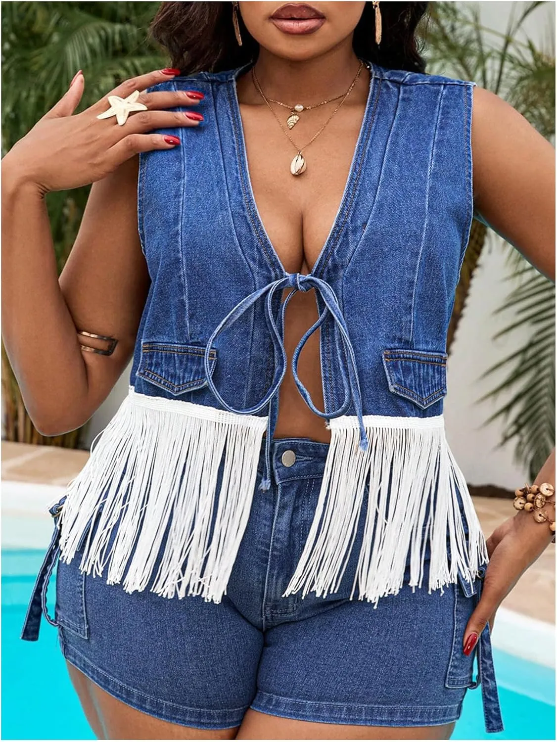 OYOANGLE Women's Plus Size Fringe Trim Tie Front Vest Tank Top Sleeveless Open Front Jean Tops