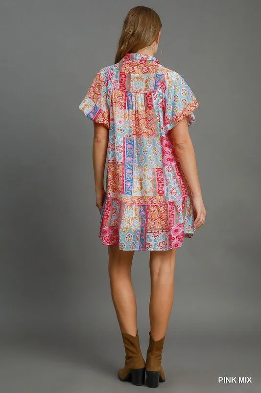 Patchwork Print Smocked Dress