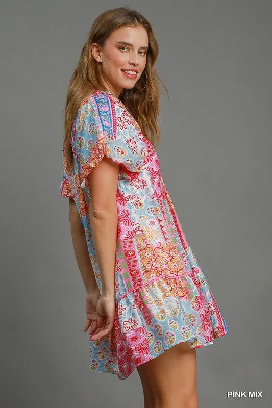 Patchwork Print Smocked Dress