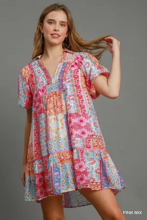 Patchwork Print Smocked Dress