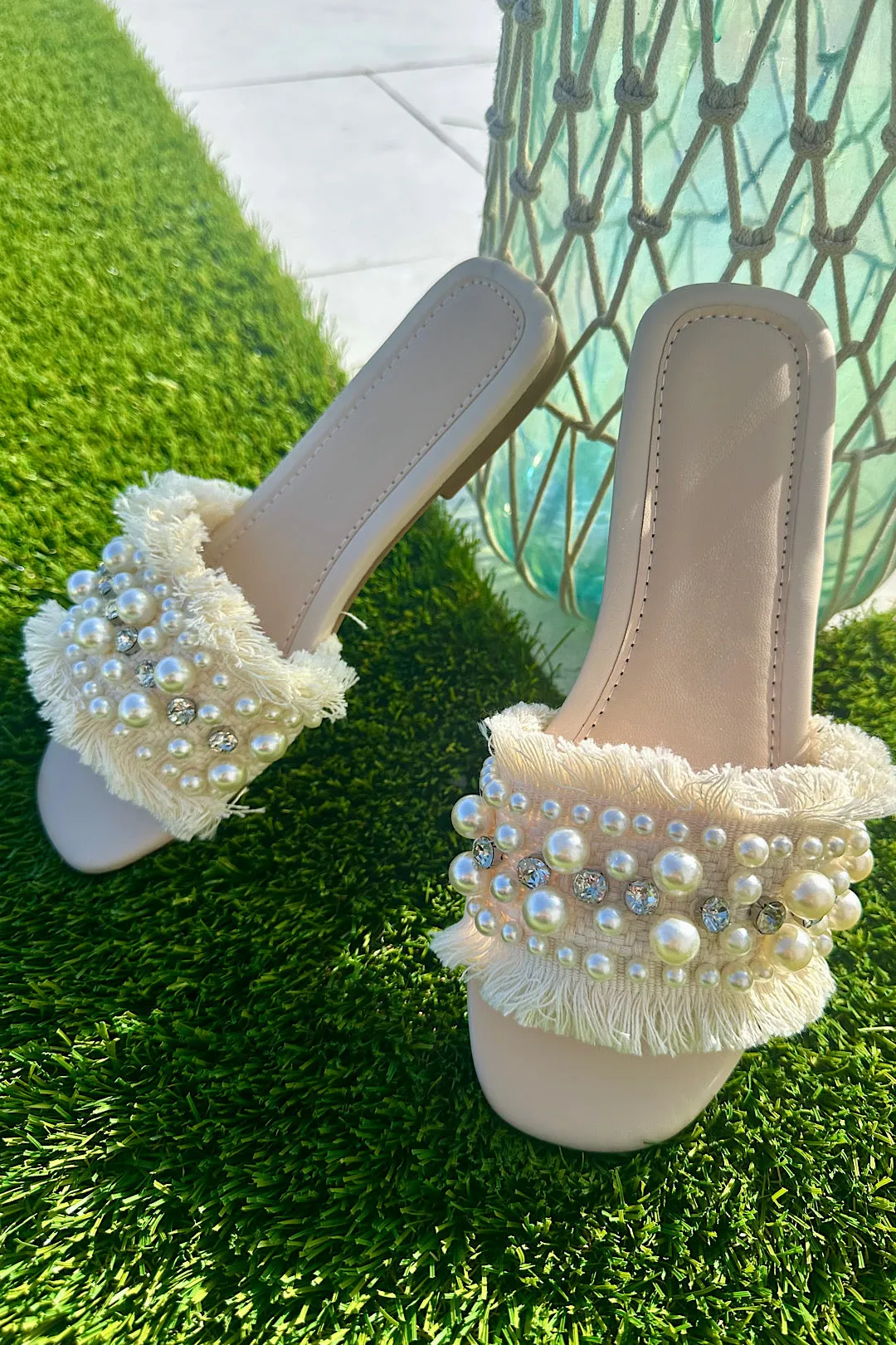 Pearl Embellished Woven Slide Sandals