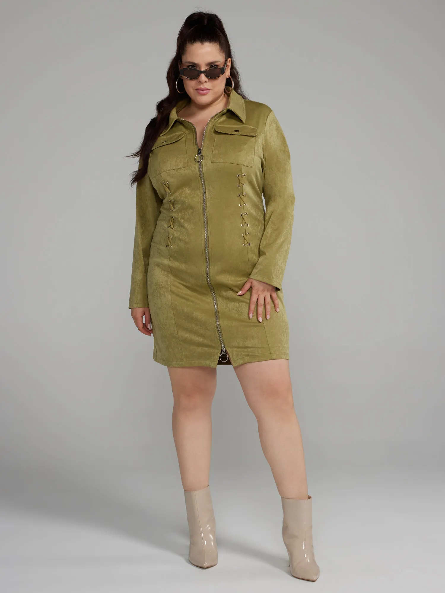 Plus Long Sleeves Suede Utility Shirt Dress