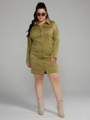 Plus Long Sleeves Suede Utility Shirt Dress
