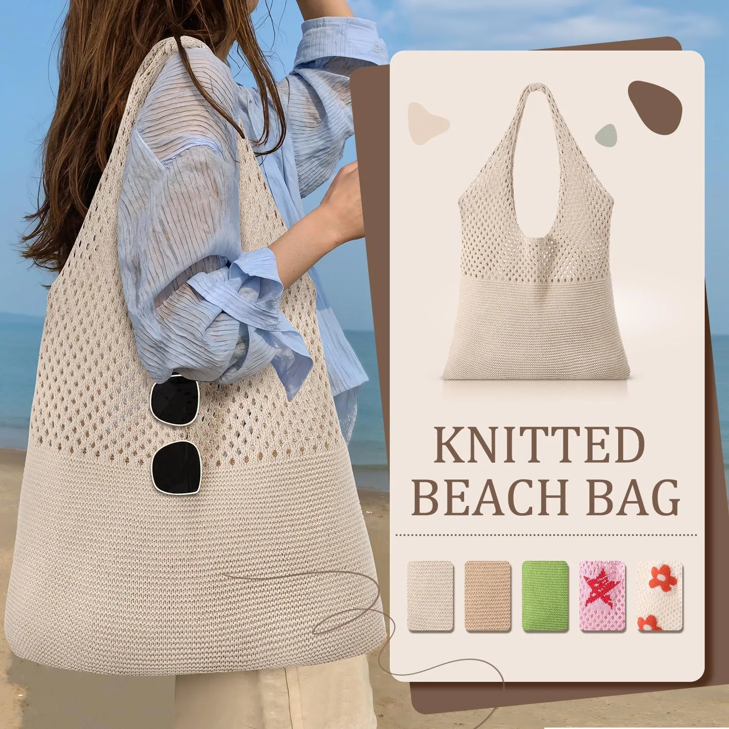 Premillow Crochet Beach Tote Bags, Stylish Mesh Beach Bags Shoulder Bag for Women, Cute Summer Vacation Boho Tote Bag