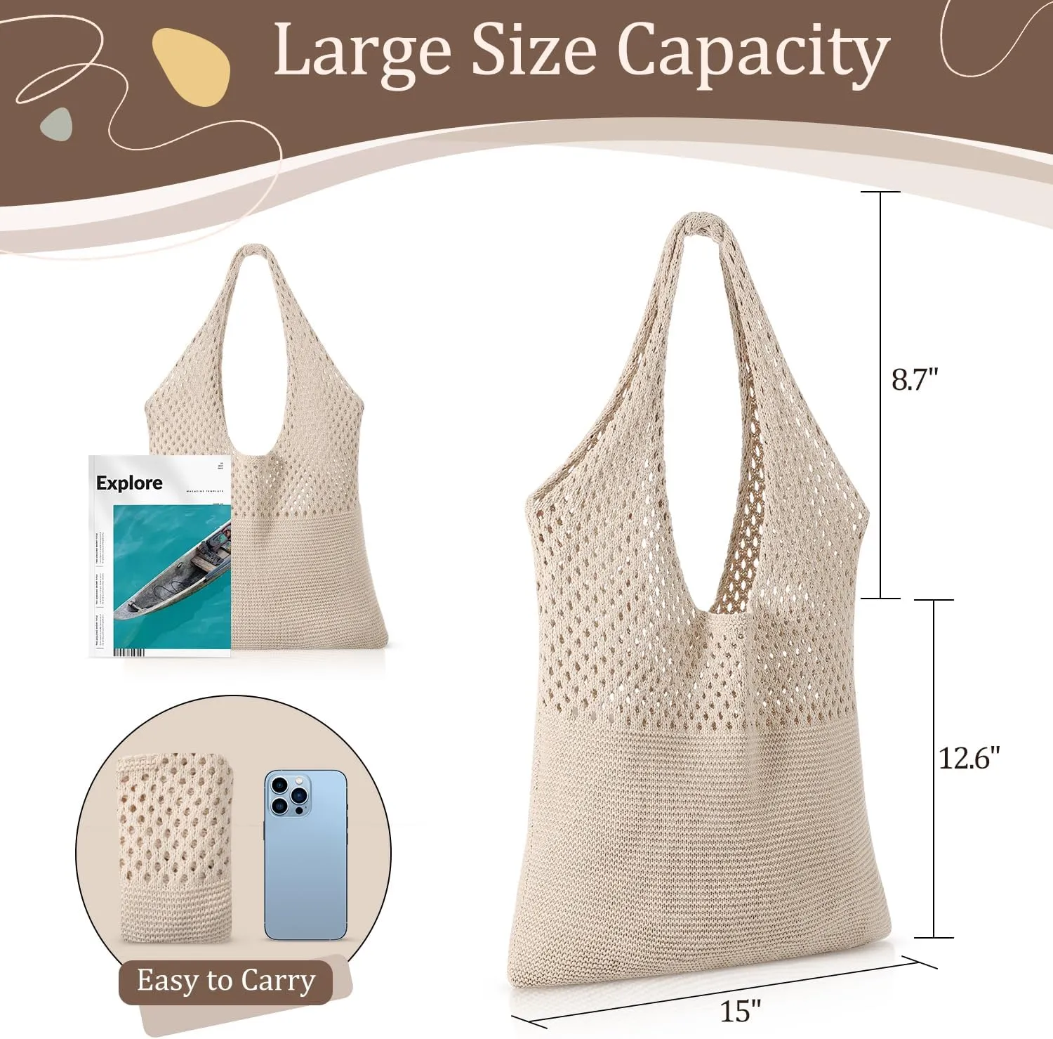 Premillow Crochet Beach Tote Bags, Stylish Mesh Beach Bags Shoulder Bag for Women, Cute Summer Vacation Boho Tote Bag