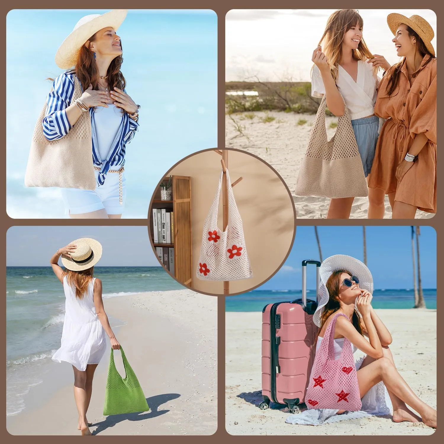 Premillow Crochet Beach Tote Bags, Stylish Mesh Beach Bags Shoulder Bag for Women, Cute Summer Vacation Boho Tote Bag