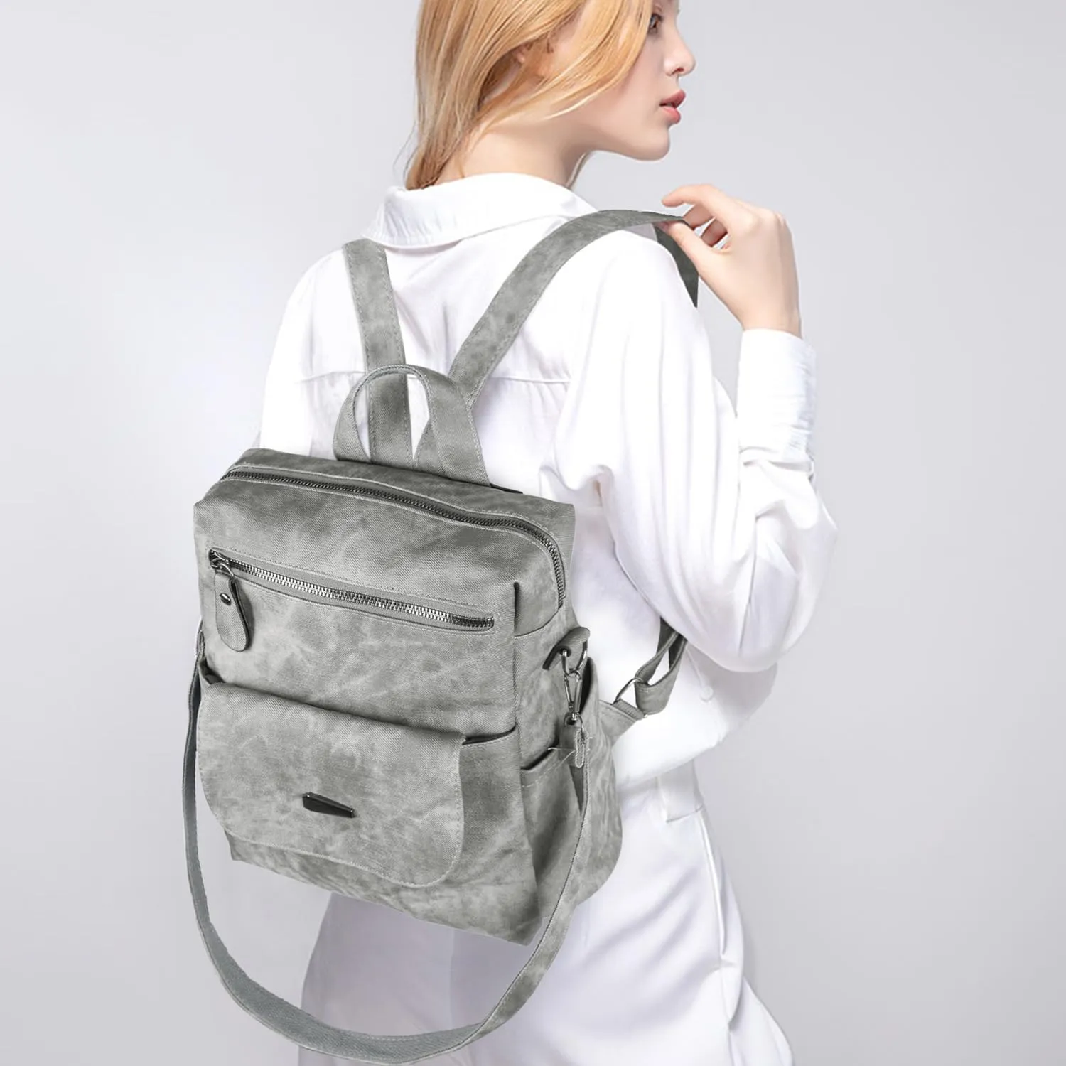 PU Leather Backpack Purse for Women Stylish Handbag Ladies Shoulder Bags Travel Backpack Grey