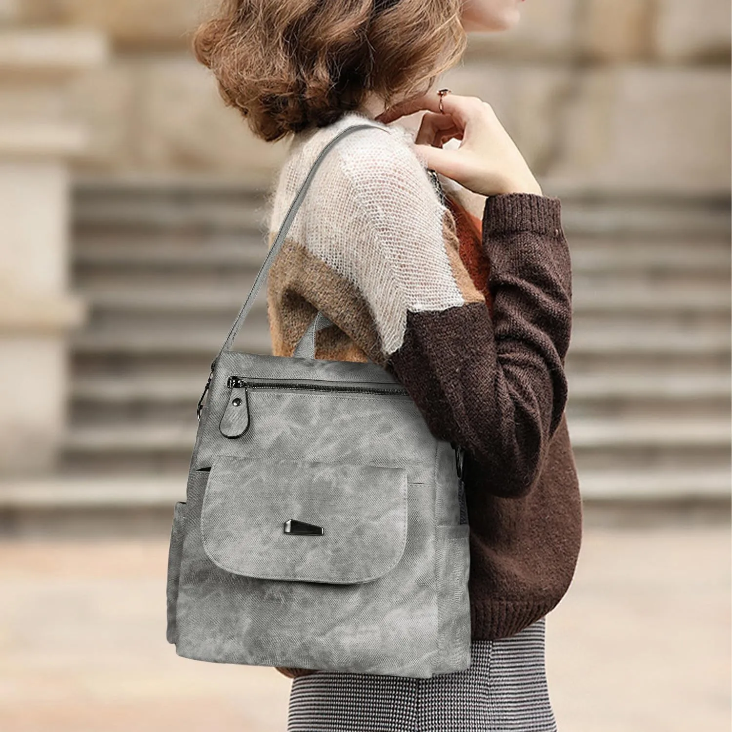 PU Leather Backpack Purse for Women Stylish Handbag Ladies Shoulder Bags Travel Backpack Grey