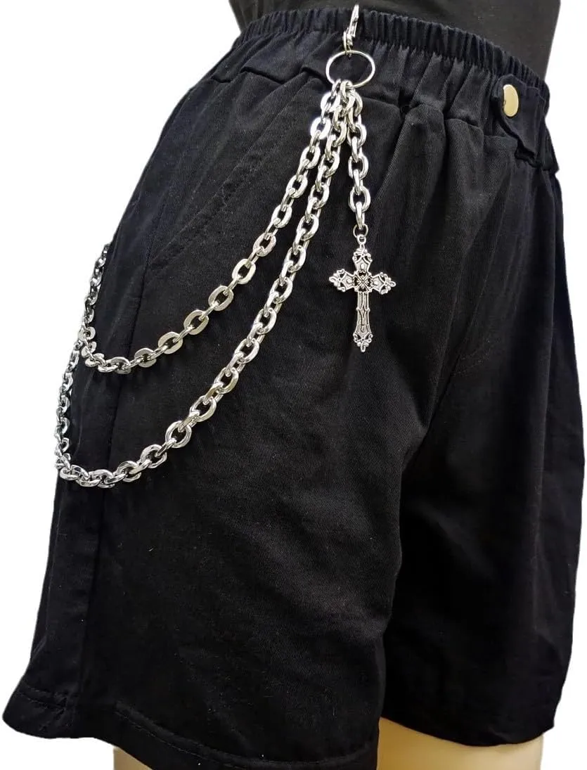 Punk Layered Pants Chain for Men Women, Silver Heart Cross Rivet Tassel Wallet Chains, Hip Hop Pocket Chains, Goth Jewelry Key Chain Wallet for Men