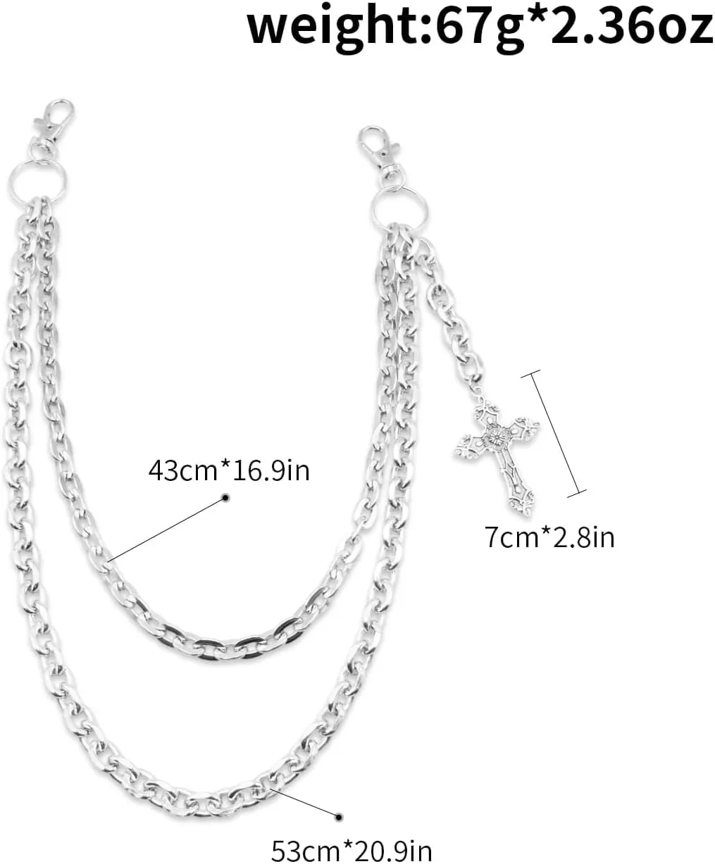 Punk Layered Pants Chain for Men Women, Silver Heart Cross Rivet Tassel Wallet Chains, Hip Hop Pocket Chains, Goth Jewelry Key Chain Wallet for Men