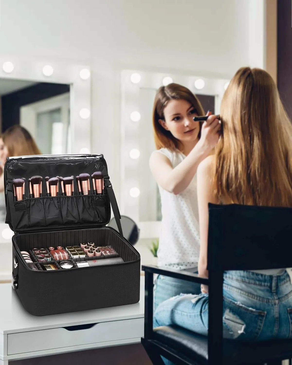 Relavel Makeup Bag Large Makeup Case Professional Cosmetic Storage Organizer Box Brush Holder with 3 Clear Set Bags & Lipstick Plate for Makeup Artists with Shoulder Strap & Adjustable Dividers