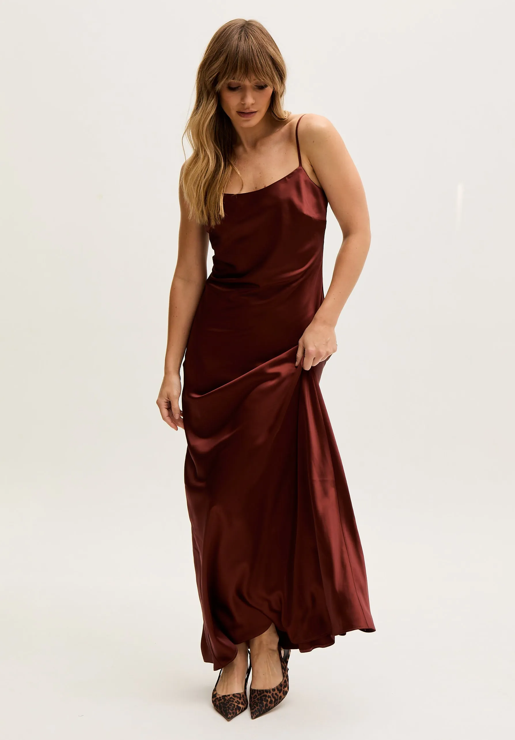 Roxy Spaghetti Strap Maxi Dress In Chocolate Brown