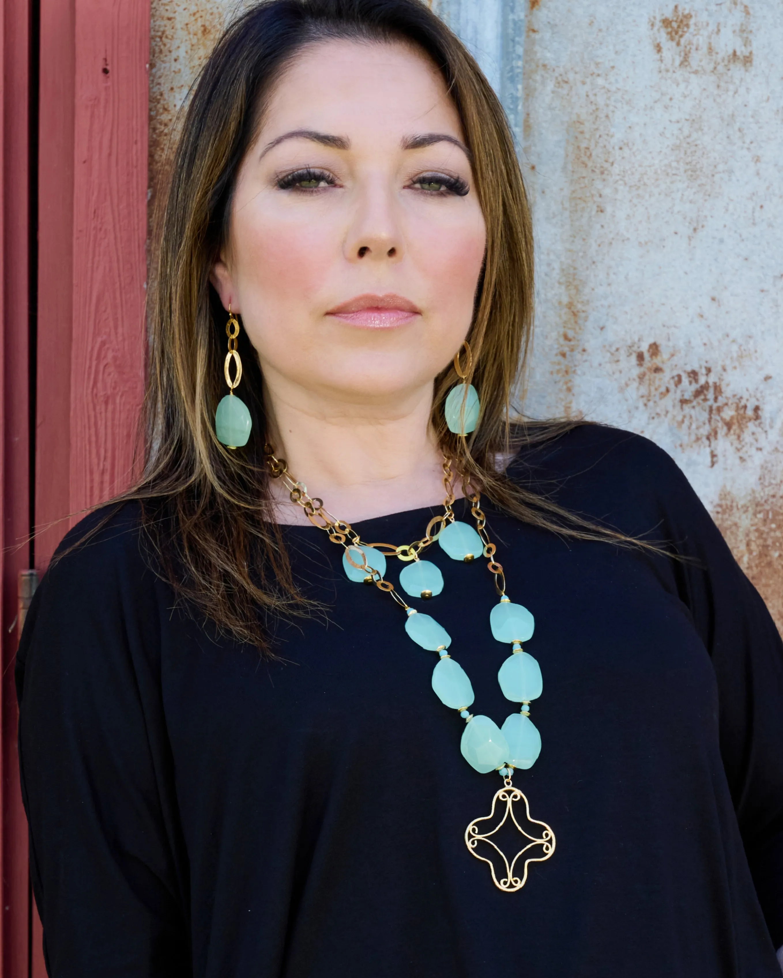 Ruidoso Aqua Crystal Gold Pendant Long Statement Necklace