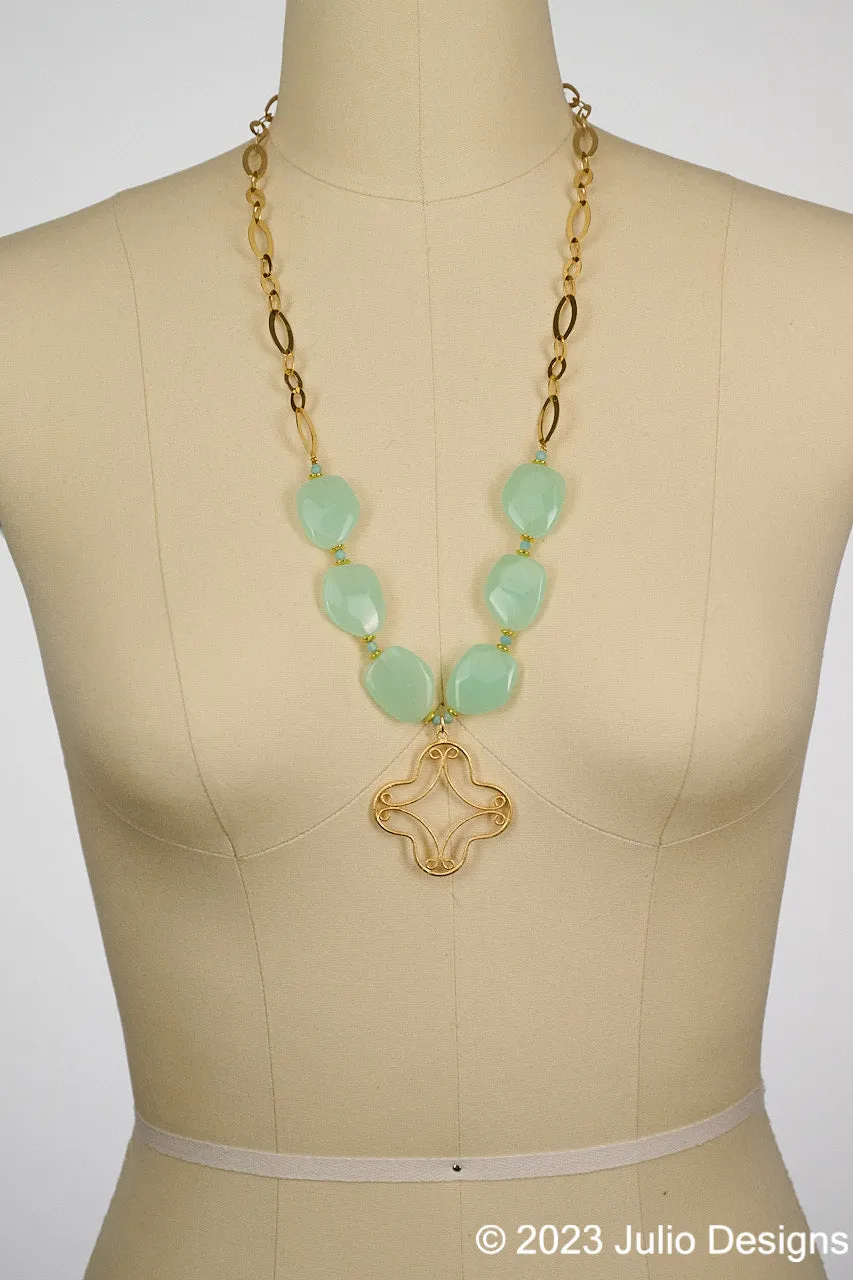 Ruidoso Aqua Crystal Gold Pendant Long Statement Necklace
