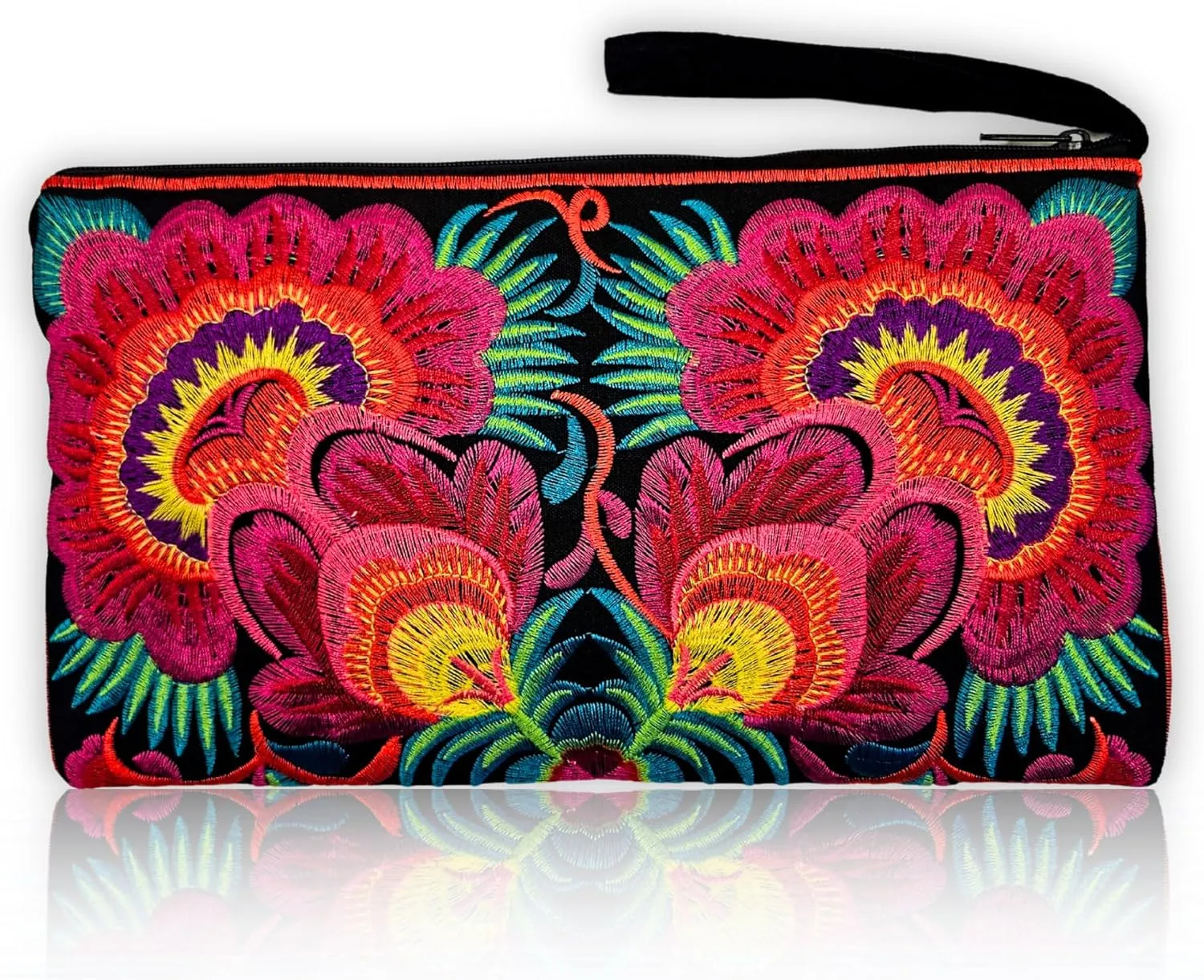 Sabai Jai - Floral Embroidered Boho Clutch - Handmade Ethnic Flower Wristlet Purse