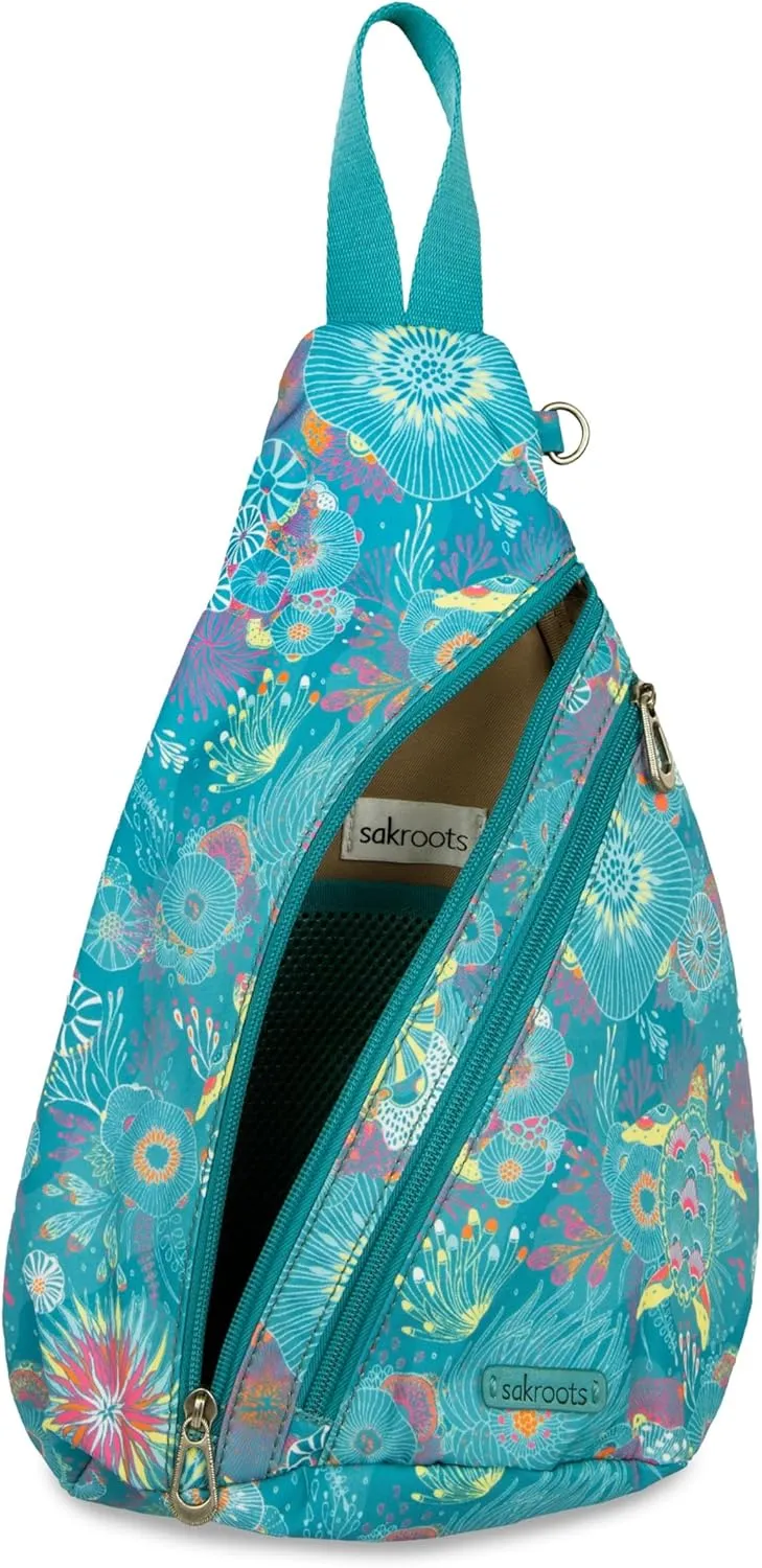 Sakroots Women's Go Sling Backpack, Deep Teal Seascape, 9IN x 6IN x 15IN