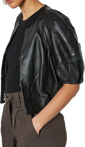 SCOFEEL Women's Faux Leather Jacket Puff Short Sleeve Crew Neck Cropped Moto Biker Coat Casual Edgy Jacket