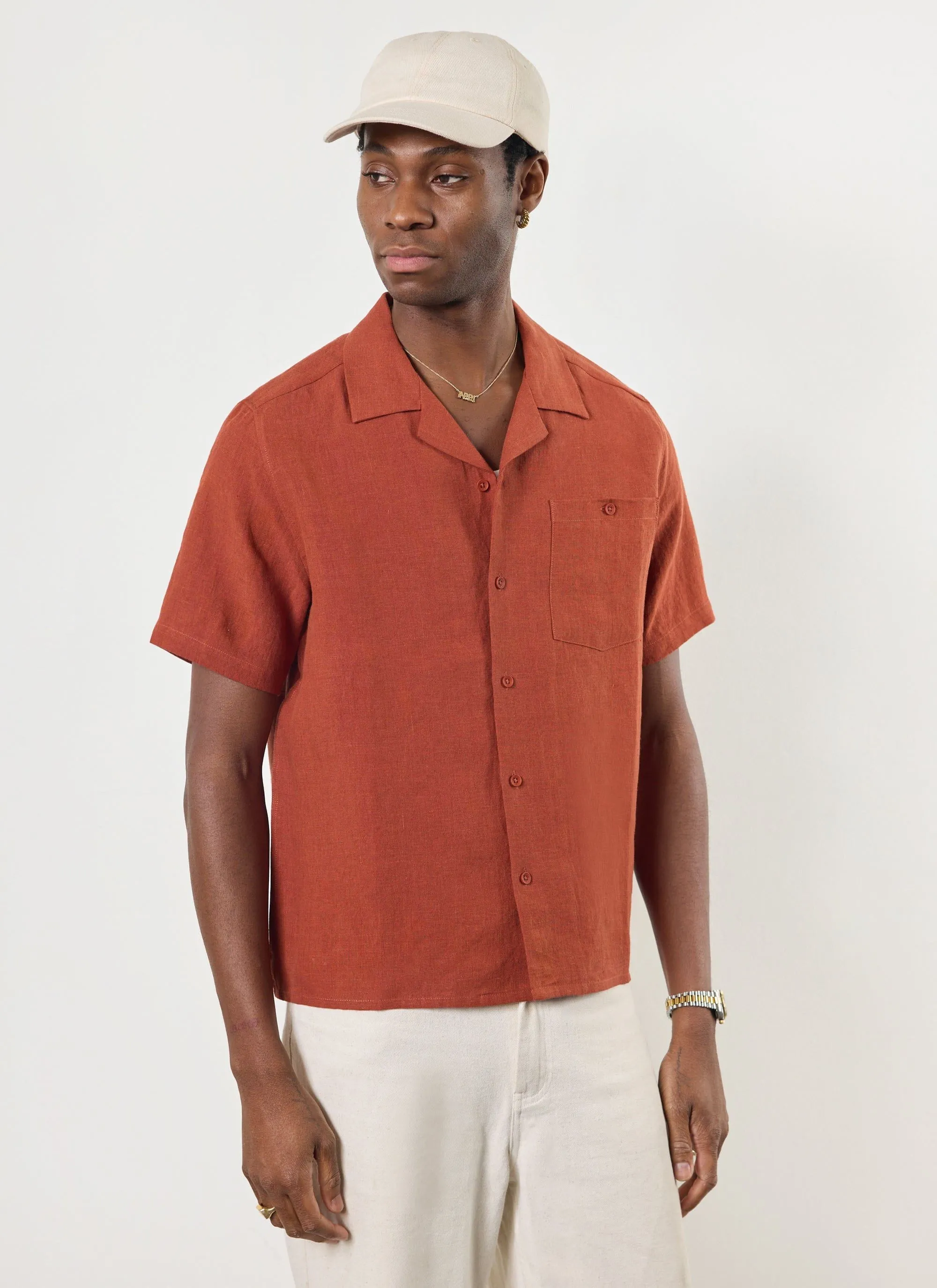 Short Sleeve Cuban Shirt | Linen | Rust
