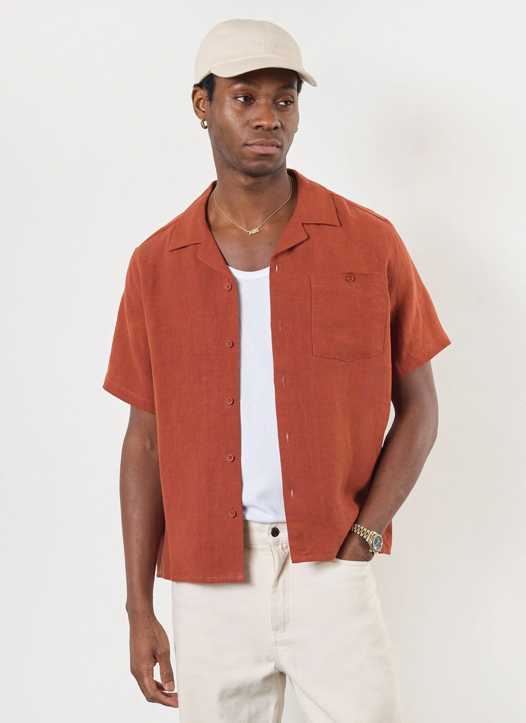 Short Sleeve Cuban Shirt | Linen | Rust