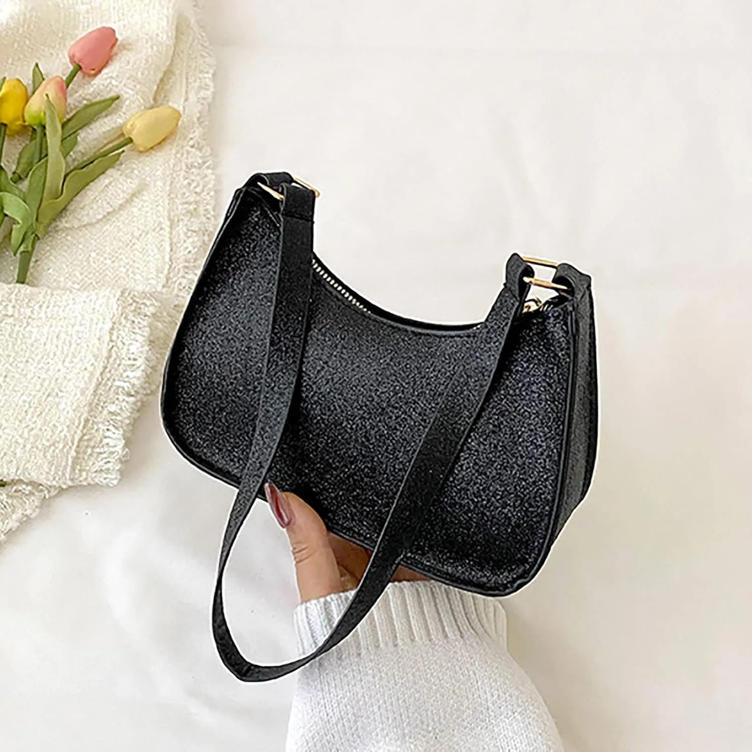 Shoulder Bags for Women Ladies Fashion Solid Color Sequins Leather Shoulder Bag Metal Zipper Handbag