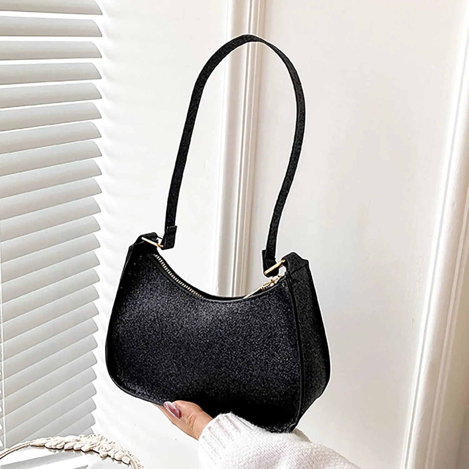 Shoulder Bags for Women Ladies Fashion Solid Color Sequins Leather Shoulder Bag Metal Zipper Handbag