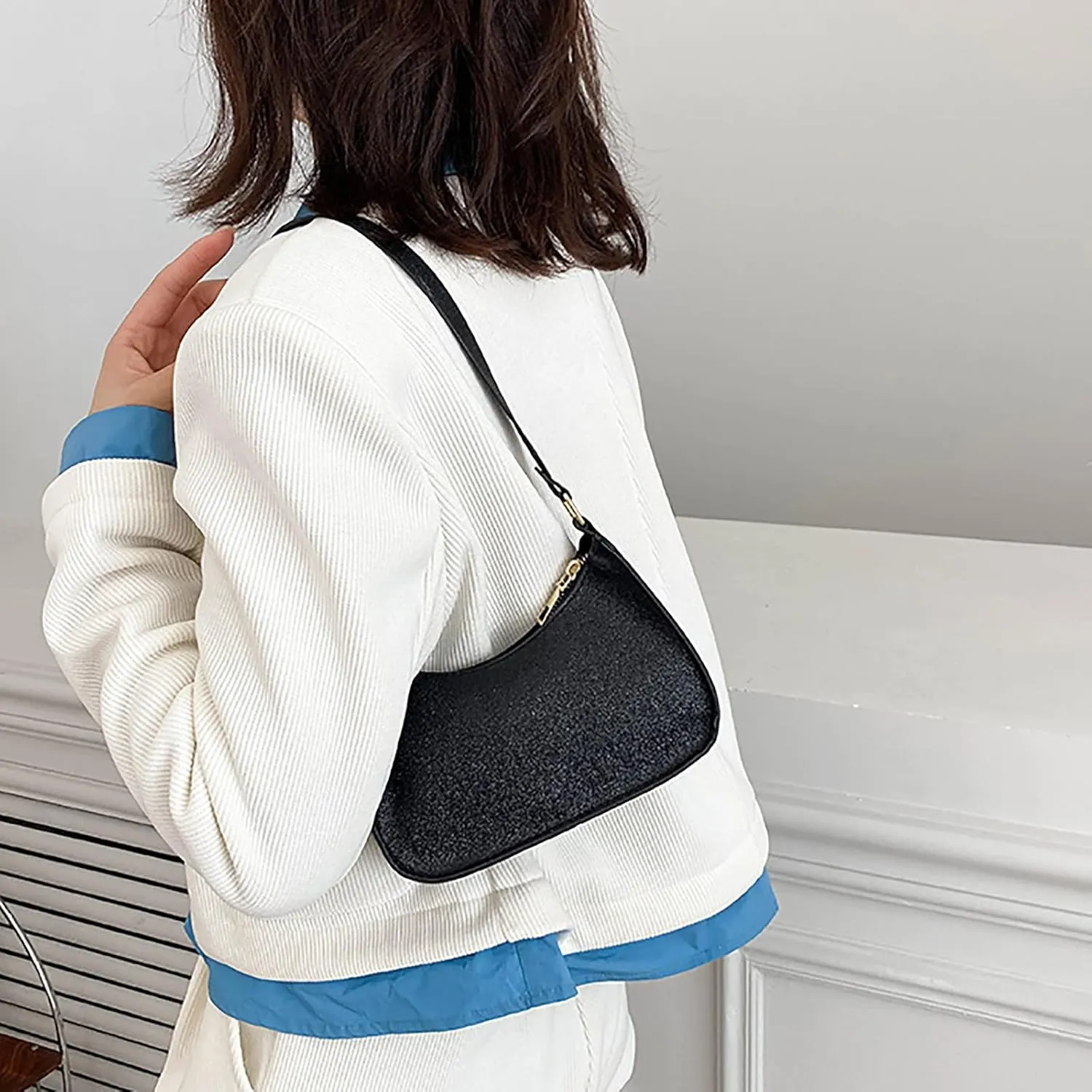 Shoulder Bags for Women Ladies Fashion Solid Color Sequins Leather Shoulder Bag Metal Zipper Handbag
