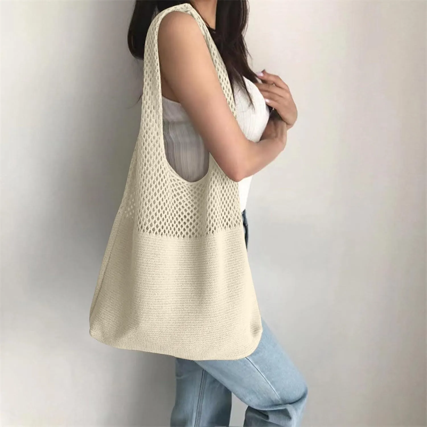 Simple Retro Hollow Crochet Bags Large Capacity Shopping Bags Women's Woven Shoulder Bag Leather Shoulder Bag (One Size)