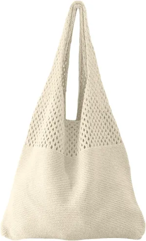 Simple Retro Hollow Crochet Bags Large Capacity Shopping Bags Women's Woven Shoulder Bag Leather Shoulder Bag (One Size)