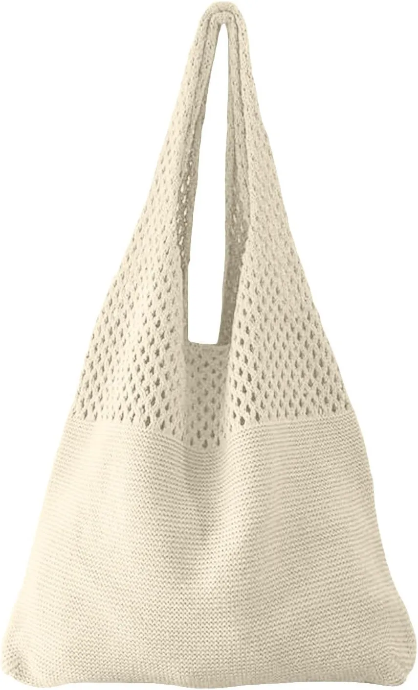 Simple Retro Hollow Crochet Bags Large Capacity Shopping Bags Women's Woven Shoulder Bag Leather Shoulder Bag (One Size)