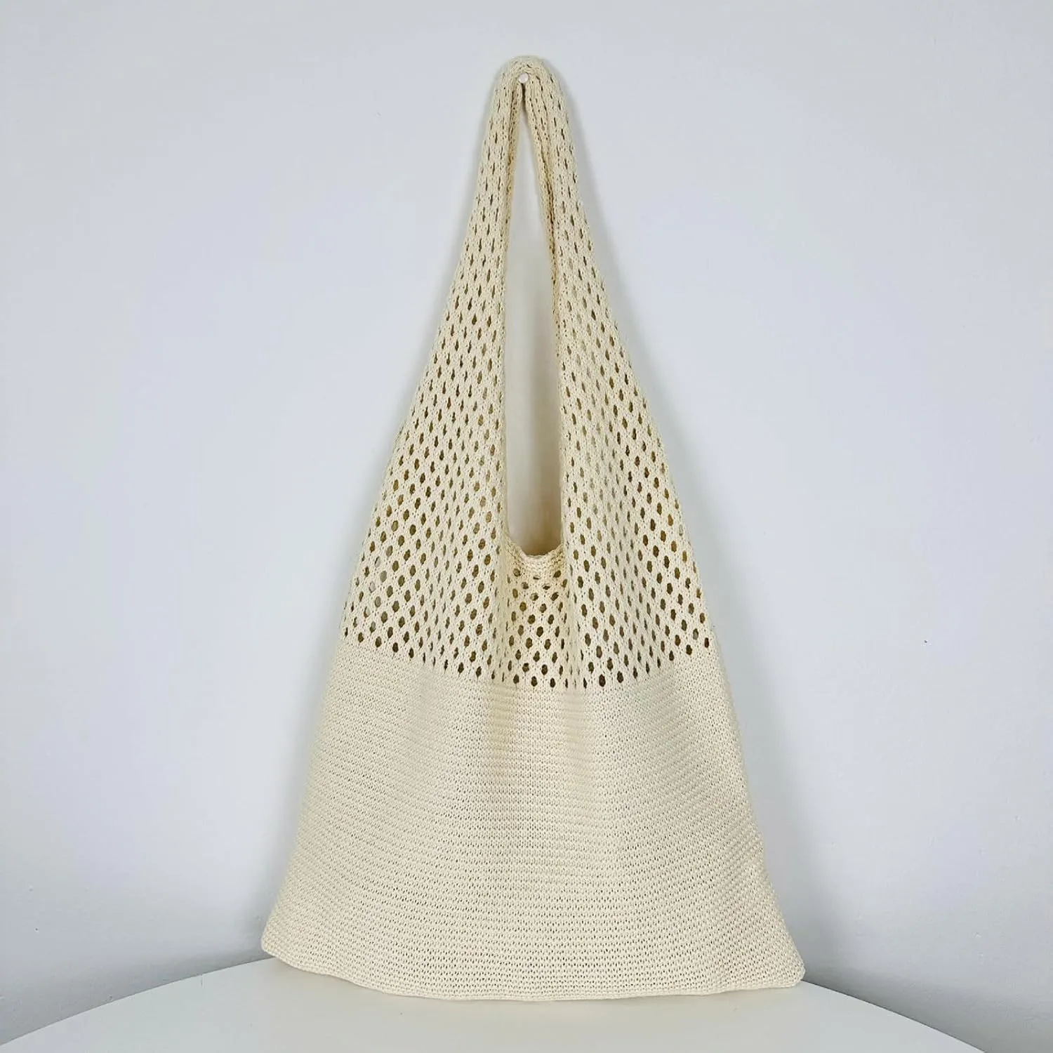Simple Retro Hollow Crochet Bags Large Capacity Shopping Bags Women's Woven Shoulder Bag Leather Shoulder Bag (One Size)