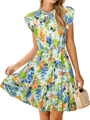 Simplee Womens Summer Dress 2025 Ruffle Short Sleeve Floral Boho Dress V Neck A-line Drawstring Mini Dress with Pockets