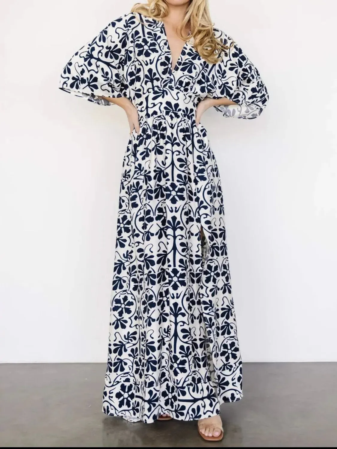 Slit Printed V-Neck Half Sleeve Dress