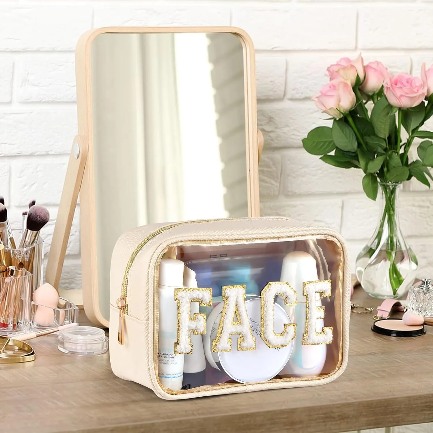 Small Makeup Bag For Purse, Clear Cosmetic Bag Transparent Makeup Pouch Waterproof Portable Versatile Zipper Pouch For Women/Travel/Toiletry, Medium, Beige