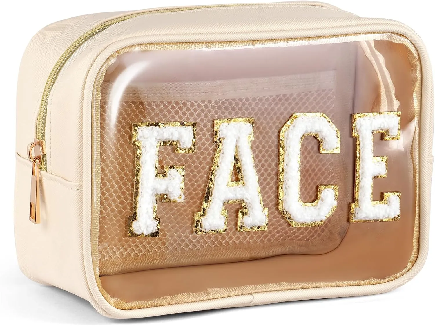 Small Makeup Bag For Purse, Clear Cosmetic Bag Transparent Makeup Pouch Waterproof Portable Versatile Zipper Pouch For Women/Travel/Toiletry, Medium, Beige