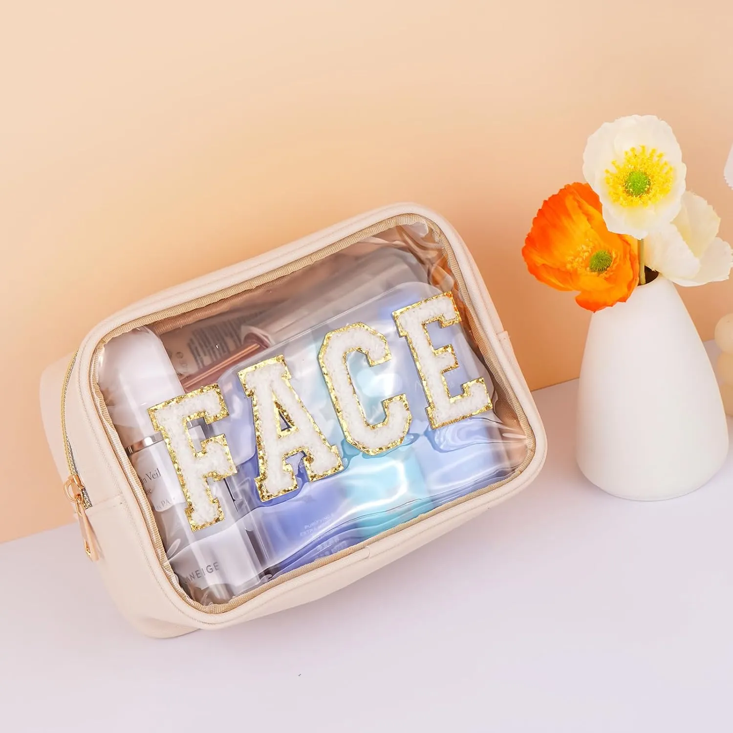 Small Makeup Bag For Purse, Clear Cosmetic Bag Transparent Makeup Pouch Waterproof Portable Versatile Zipper Pouch For Women/Travel/Toiletry, Medium, Beige