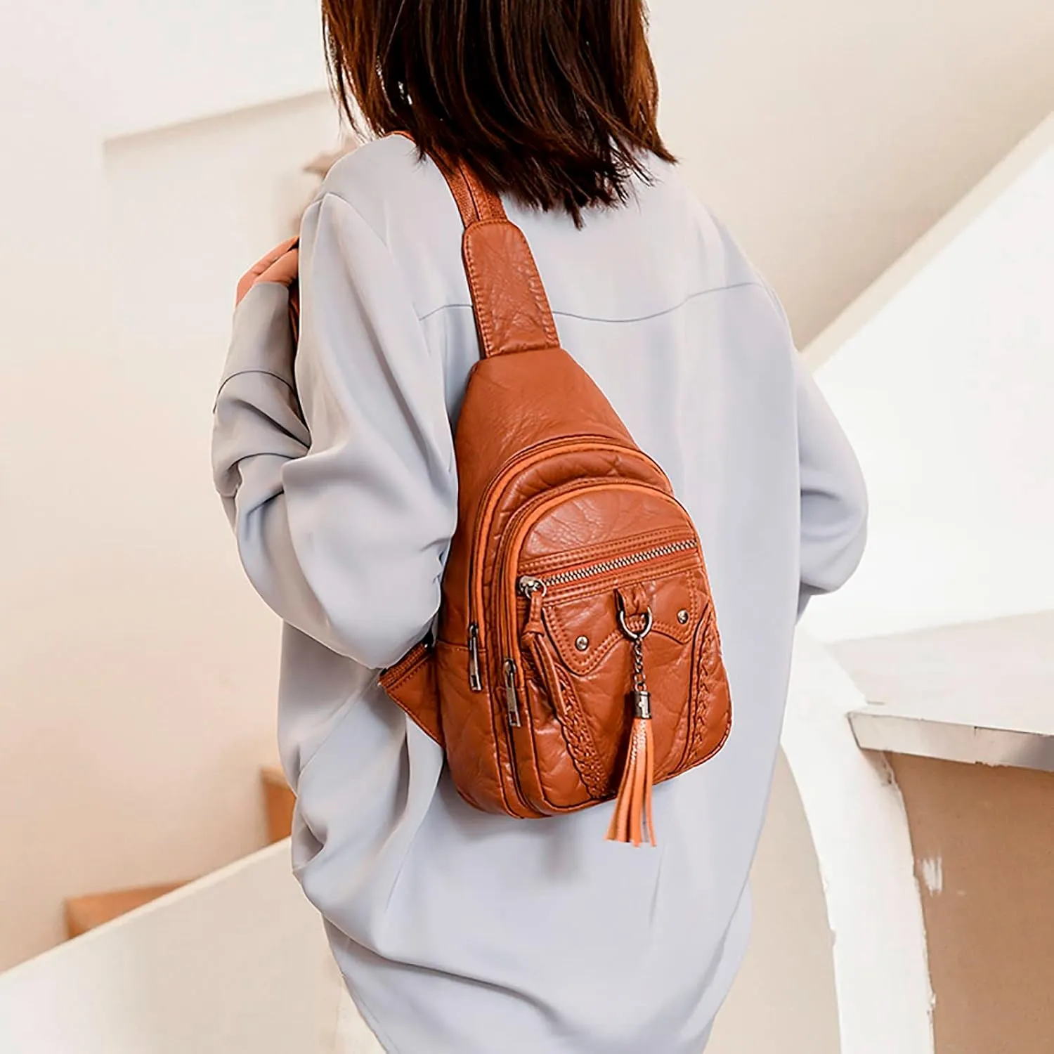 Small Sling Backpack Crossbody Bag Women Chest Bag Sling Bag Small Crossbody PU Leather Satchel Daypack Fashion