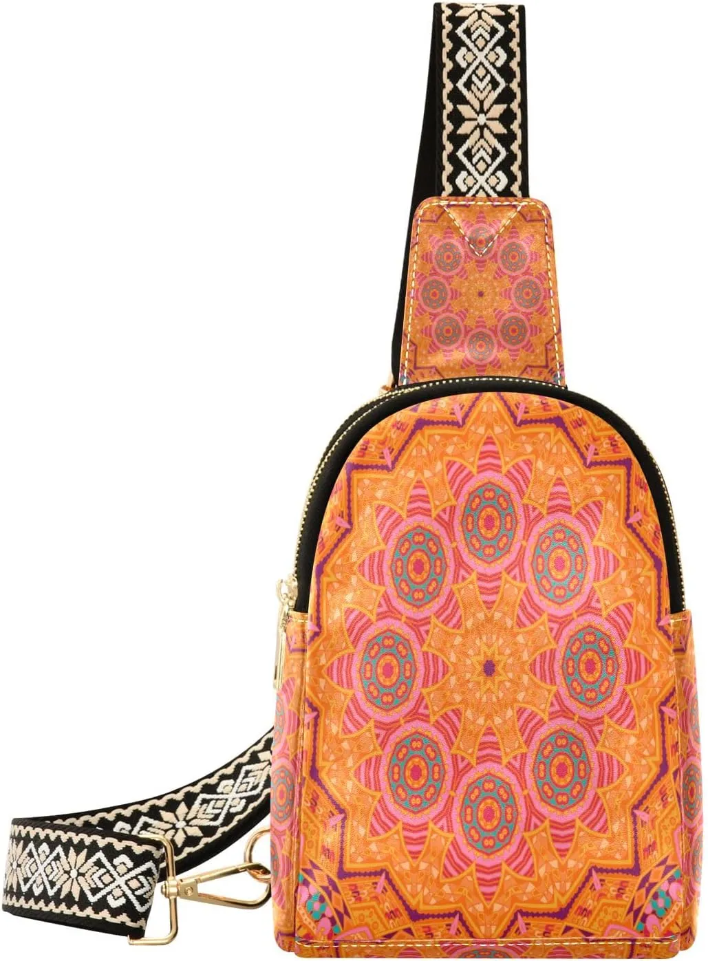 Small Sling Bag Waist Packs Leather Crossbody Packs Chest Bag Boho Orange Circle for Women Travel Belt Purse