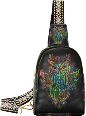 Small Sling Bag Waist Packs Leather Crossbody Packs Chest Bag Boho Style Ornate Owl for Women Travel Belt Purse