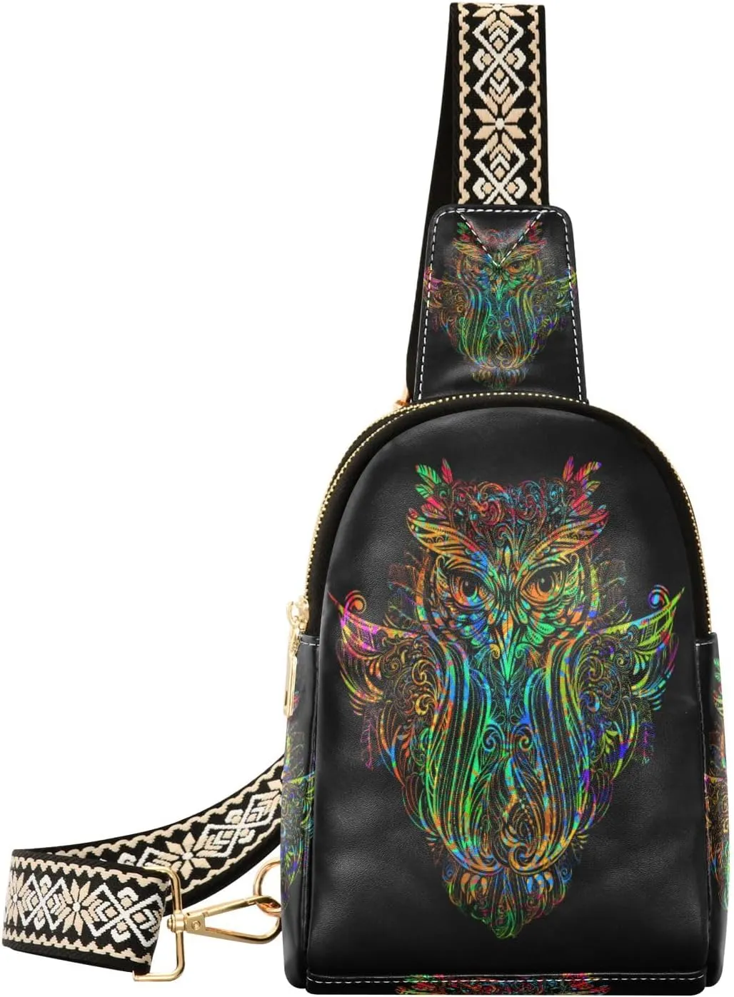 Small Sling Bag Waist Packs Leather Crossbody Packs Chest Bag Boho Style Ornate Owl for Women Travel Belt Purse