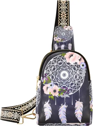Small Sling Bag Waist Packs Leather Crossbody Packs Chest Bag Dream Cacther Floral Boho for Women Travel Belt Purse
