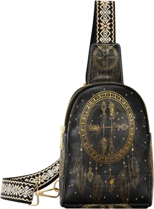 Small Sling Bag Waist Packs Leather Crossbody Packs Chest Bag Golden Dreamcatcher Arrows Boho for Women Travel Belt Purse