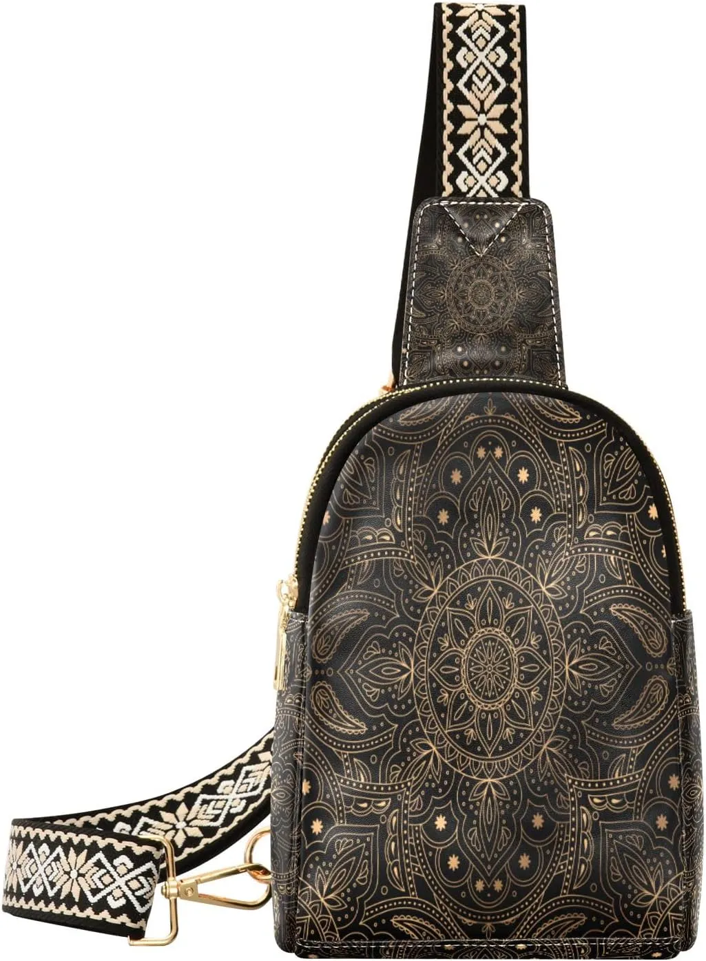Small Sling Bag Waist Packs Leather Crossbody Packs Chest Bag Golden Mandala Lotus Boho for Women Travel Belt Purse