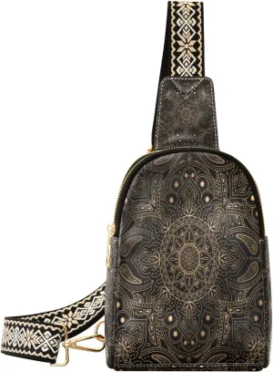 Small Sling Bag Waist Packs Leather Crossbody Packs Chest Bag Golden Mandala Lotus Boho for Women Travel Belt Purse