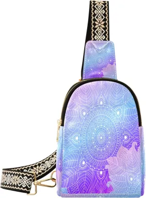Small Sling Bag Waist Packs Leather Crossbody Packs Chest Bag Mandala Lotus Boho Arabesque for Women Travel Belt Purse