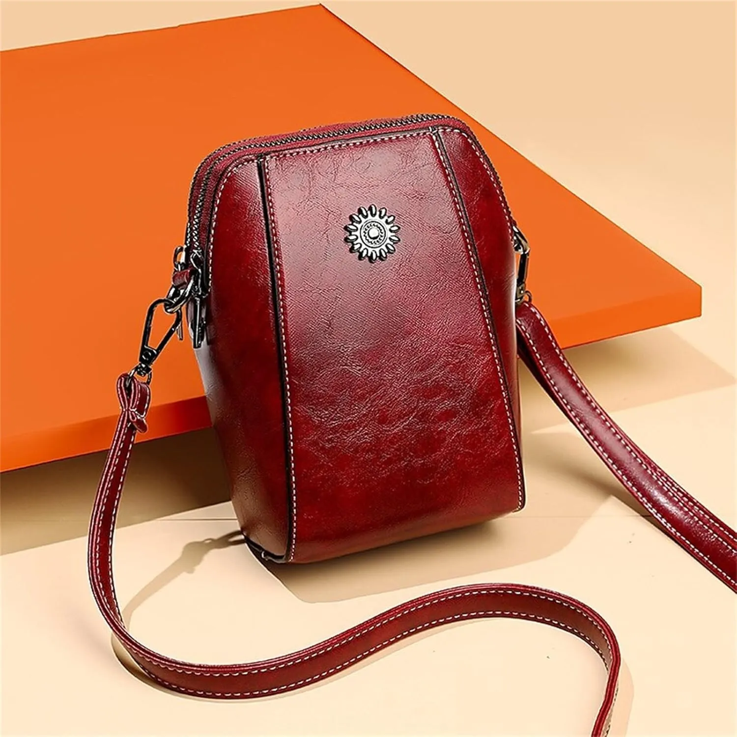 Stand Up Mobile Phone Bags Leather Clutch Bag Women's Vintage Crossbody Bag Messenger Bags Shoulder (Red, One Size)
